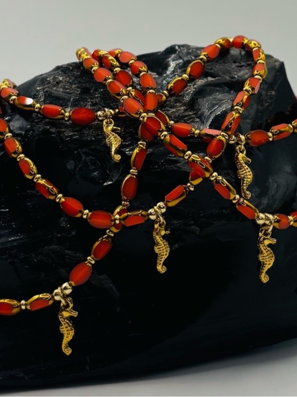 *Anklet* S. Steel Gold Seahorse & Orange Crystal Stretchy Ankle Bracelet